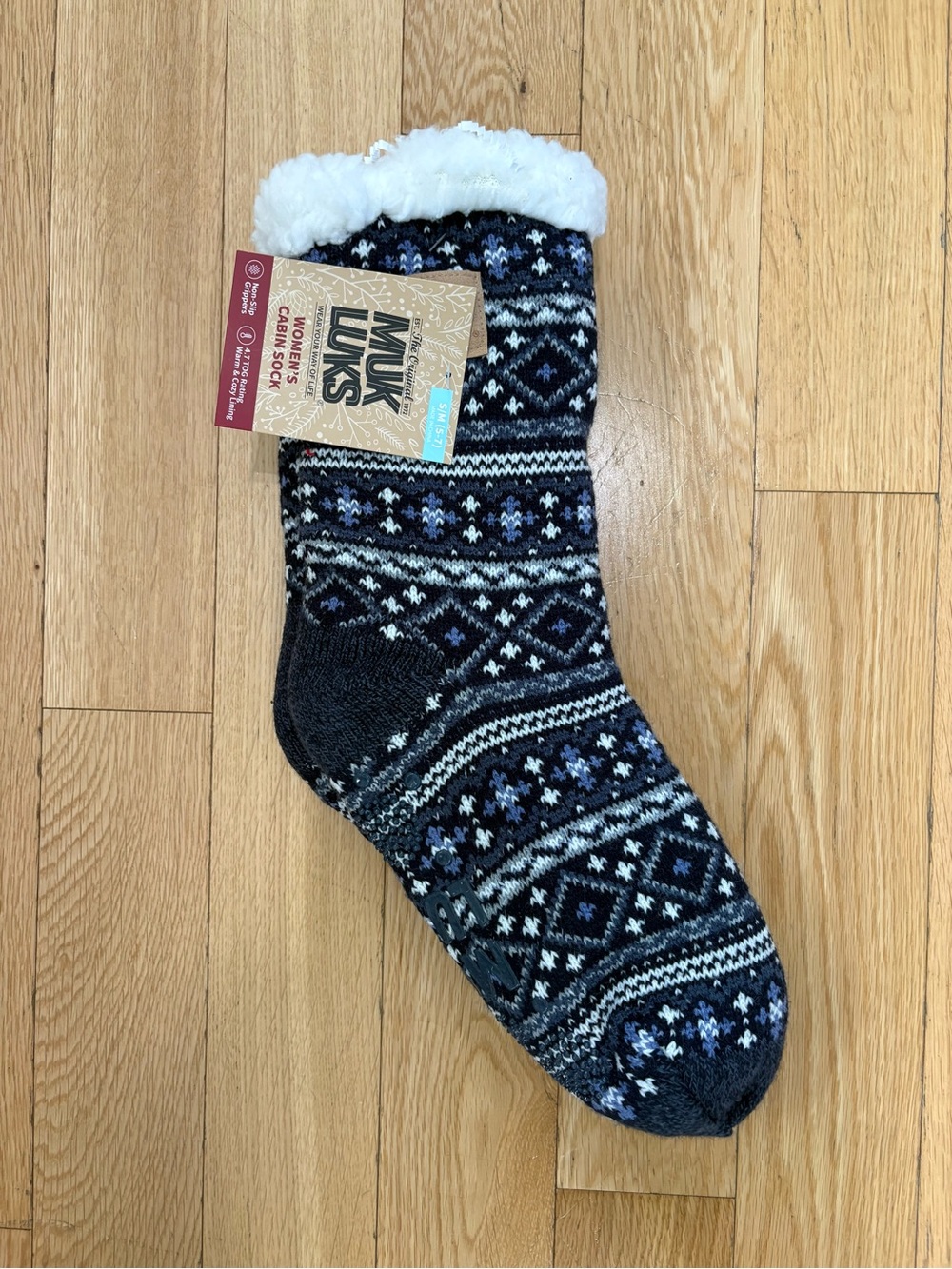 NWT MUK LUKS Winter Fair Isle Cabin Slipper Socks Faux Fur Lined Non Slip Navy